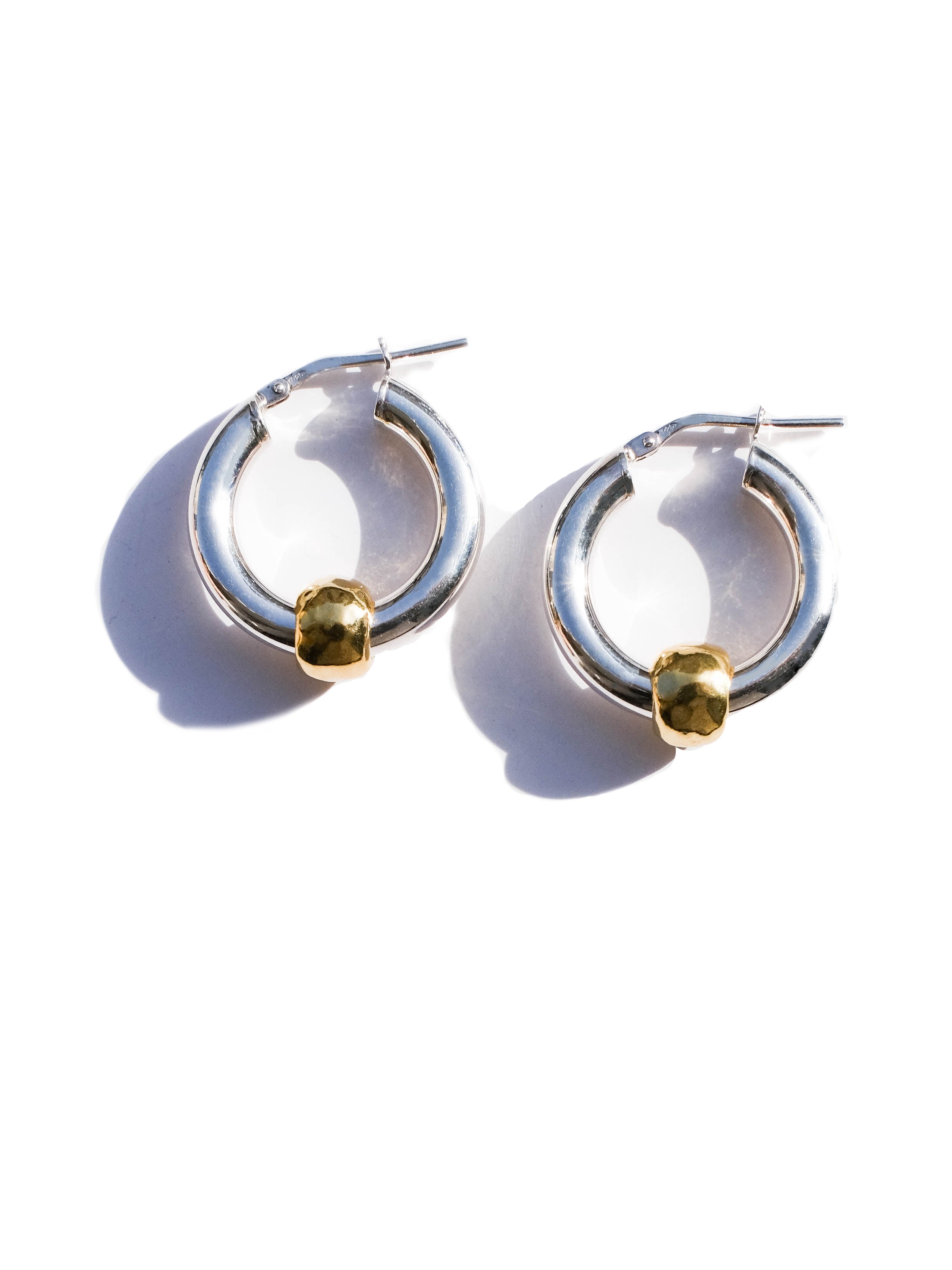 Silver hoops, gold plated pellet earrings