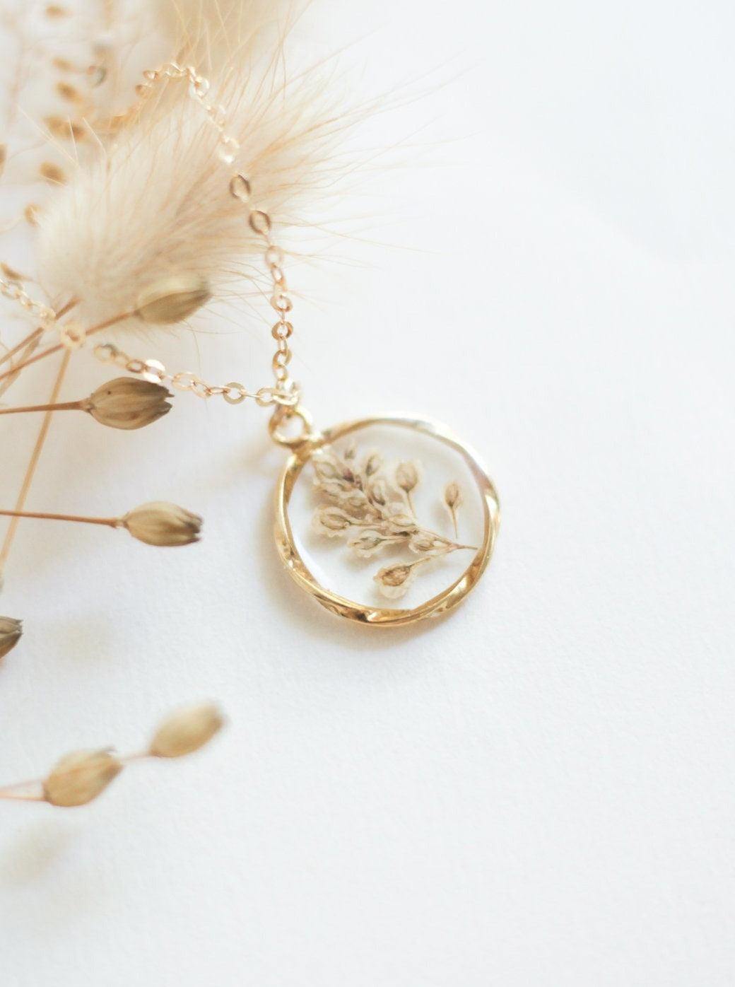 Flower resin necklace with wildflower branch