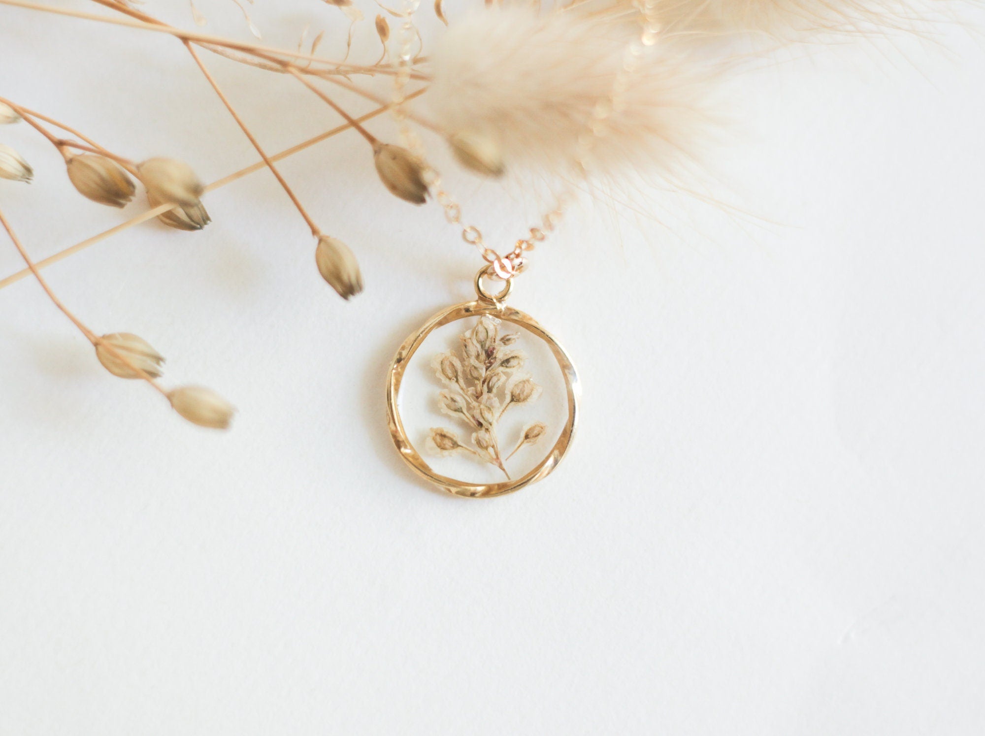 Flower resin necklace with wildflower branch