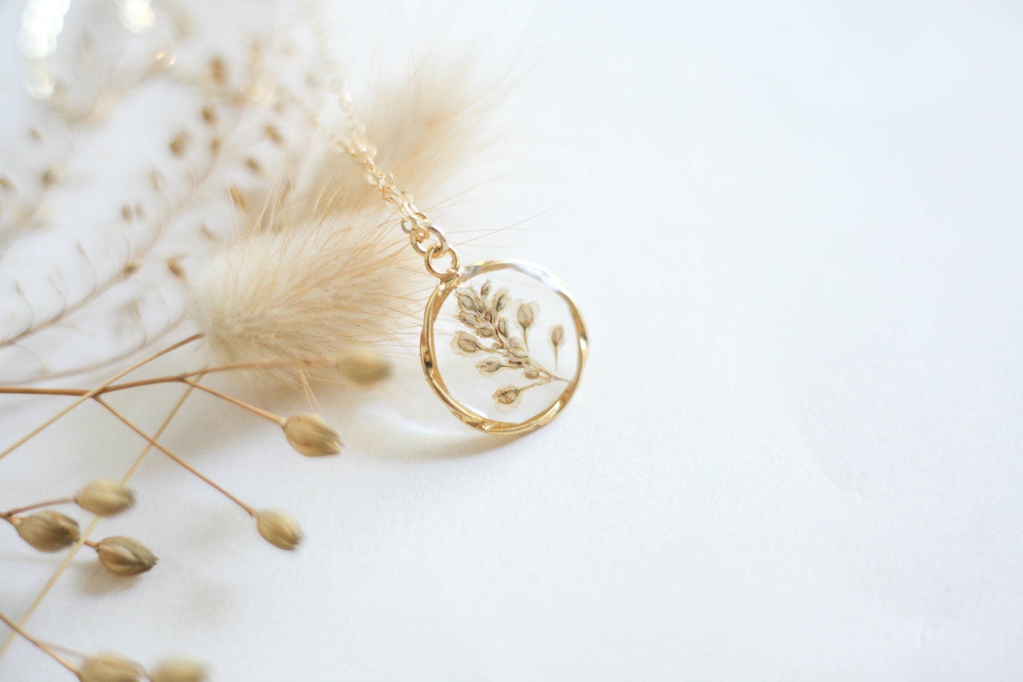 Flower resin necklace with wildflower branch