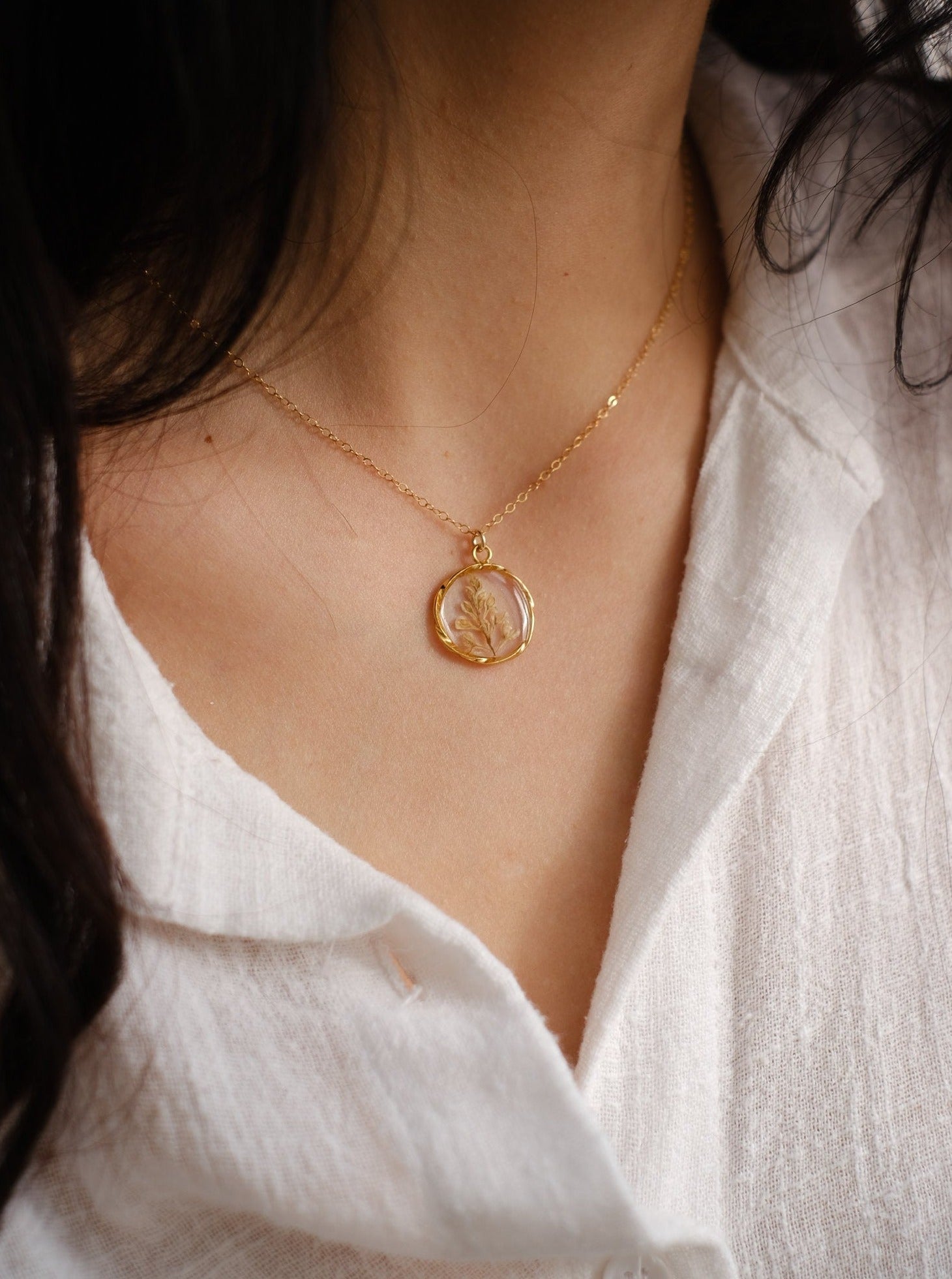 Flower resin necklace with wildflower branch